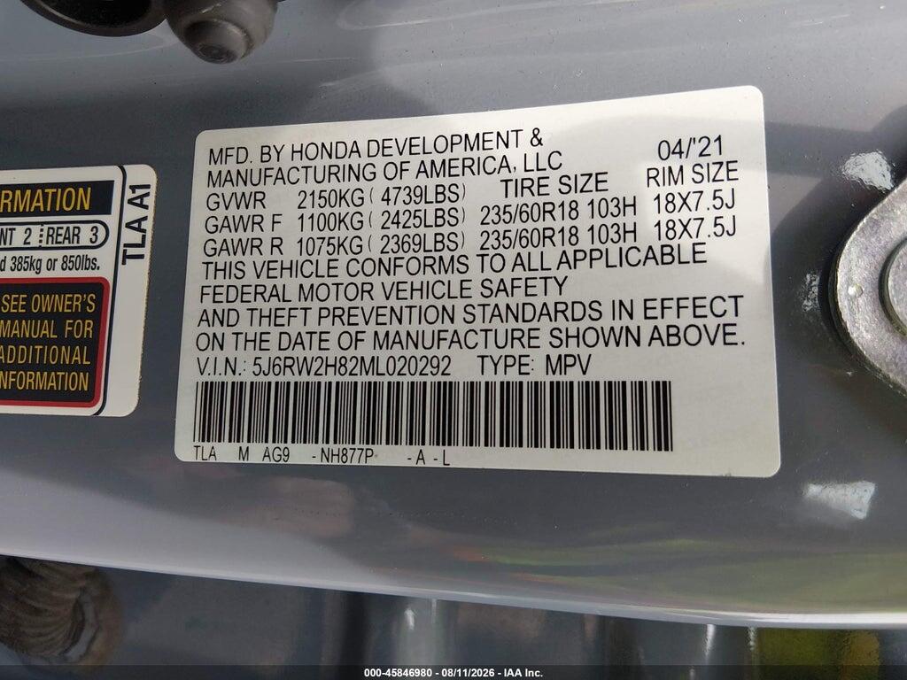 5J6RW2H82ML020292 2021 HONDA CR-V photo no. 9