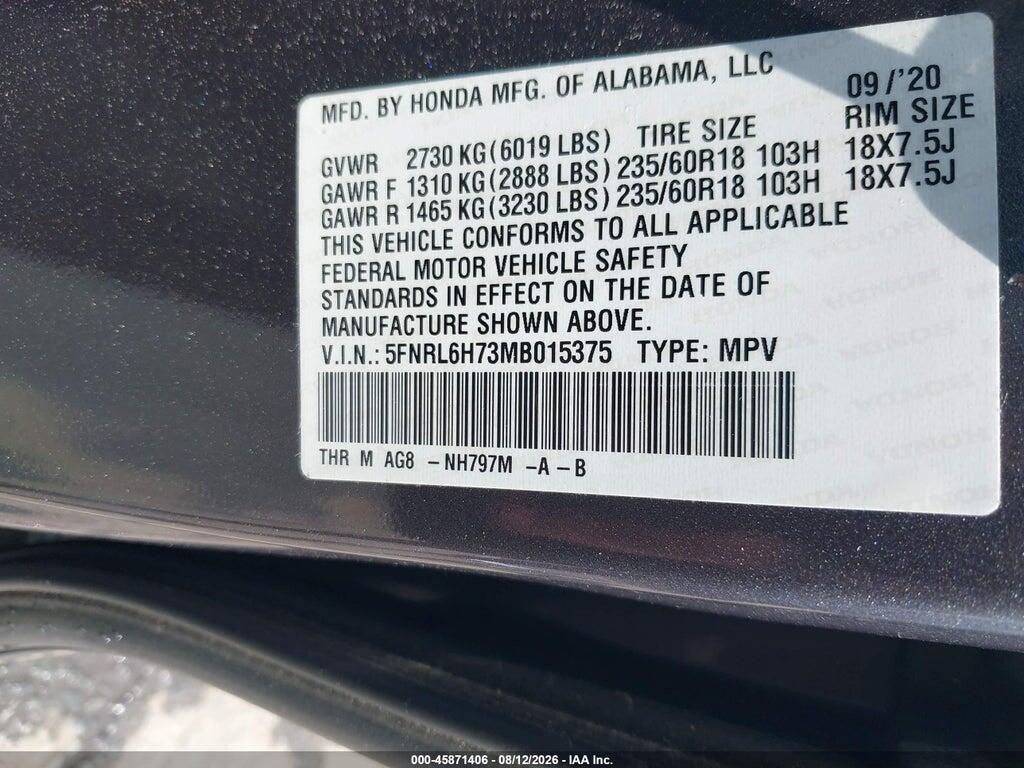 5FNRL6H73MB015375 2021 HONDA ODYSSEY photo no. 9