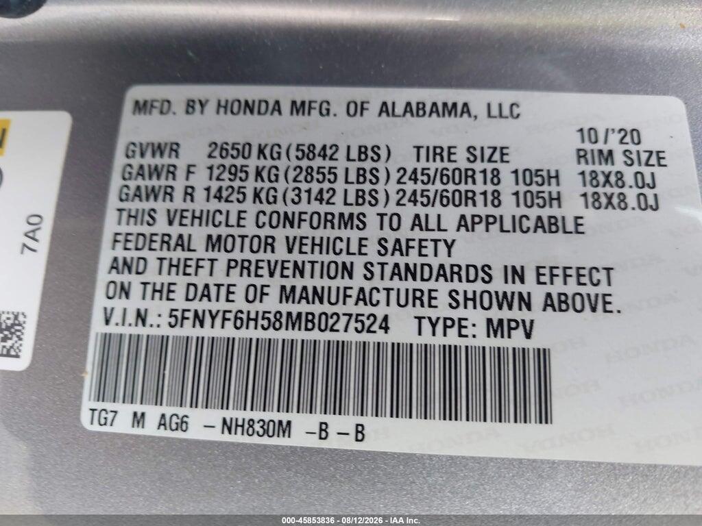 5FNYF6H58MB027524 2021 HONDA PILOT photo no. 9
