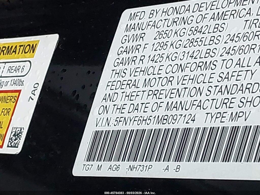 5FNYF6H51MB097124 2021 HONDA PILOT photo no. 9