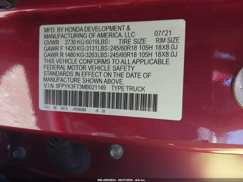 5FPYK3F73MB021149 2021 HONDA RIDGELINE photo no. 9