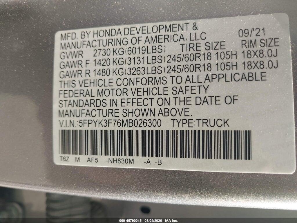 5FPYK3F76MB026300 2021 HONDA RIDGELINE photo no. 9