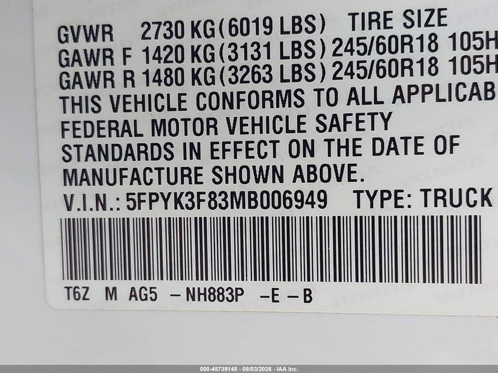 5FPYK3F83MB006949 2021 HONDA RIDGELINE photo no. 9