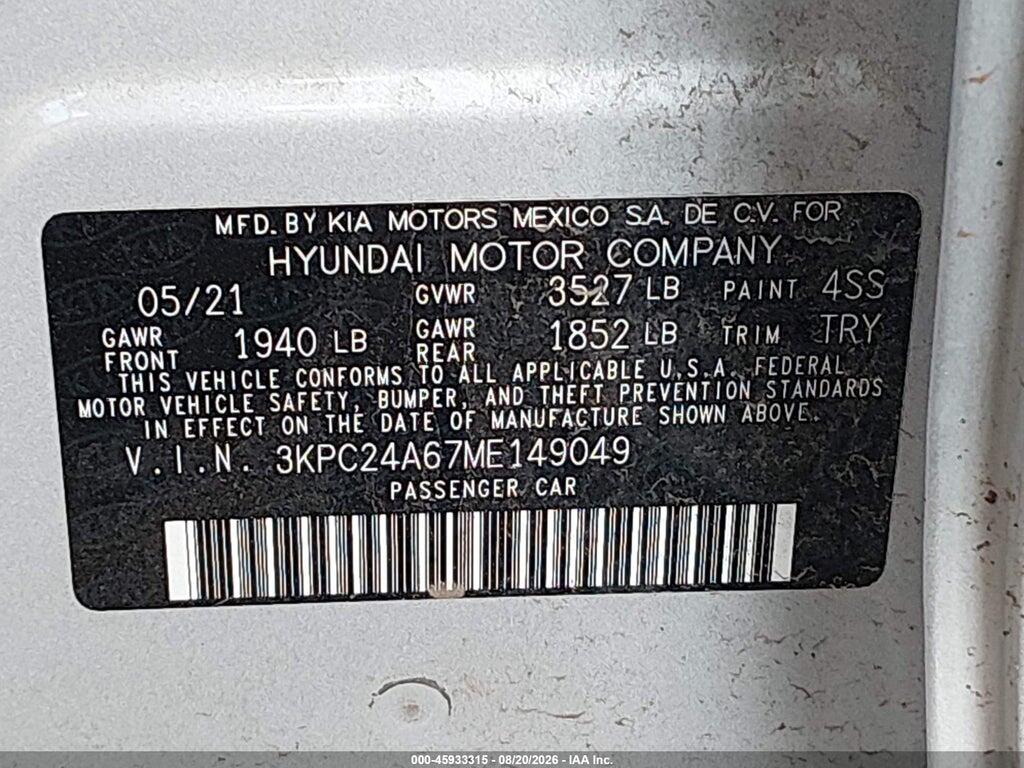 3KPC24A67ME149049 2021 HYUNDAI ACCENT photo no. 9