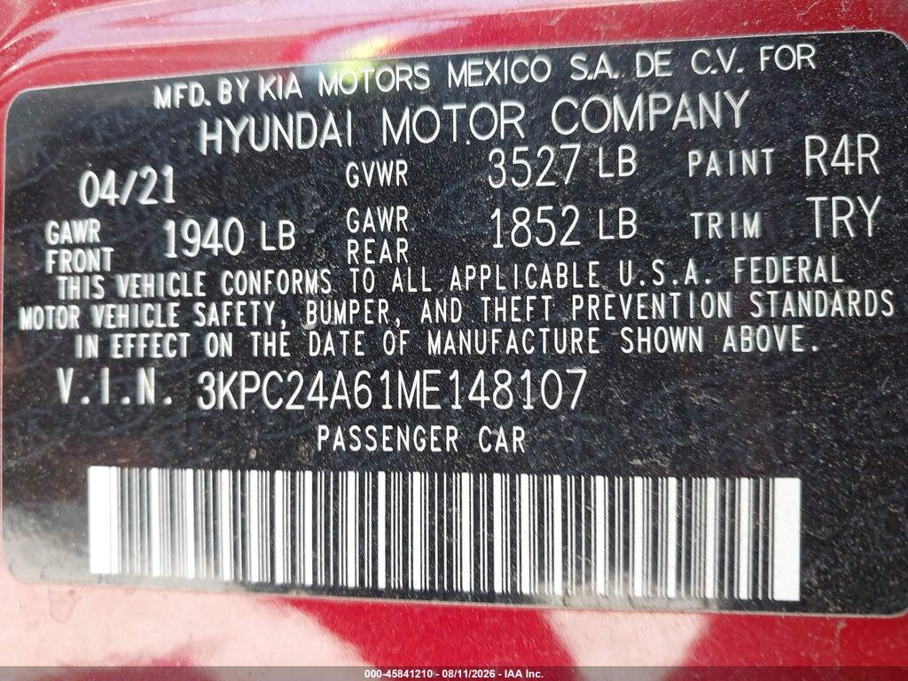 3KPC24A61ME148107 2021 HYUNDAI ACCENT photo no. 9