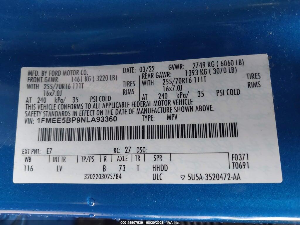 1FMEE5BP9NLA93360 2022 FORD BRONCO photo no. 9