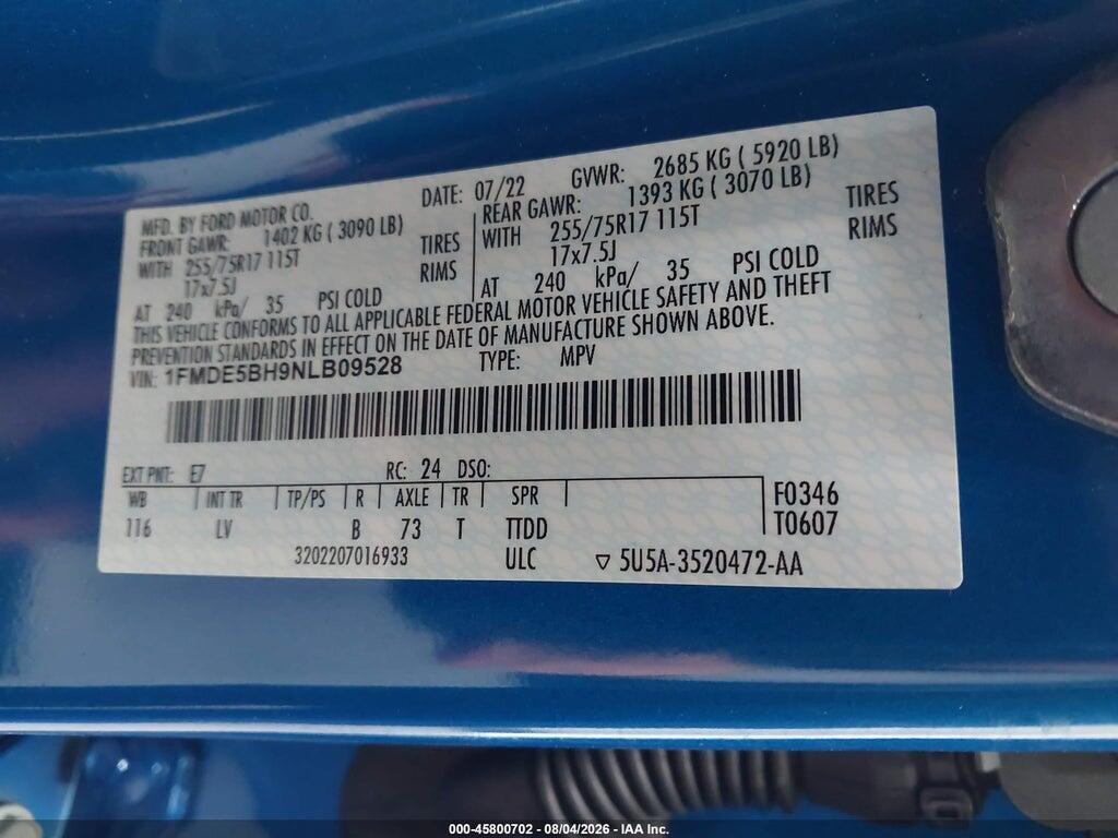 1FMDE5BH9NLB09528 2022 FORD BRONCO photo no. 9