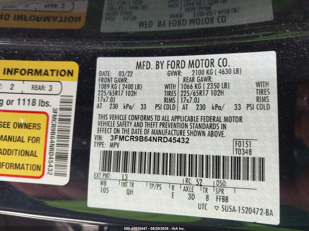 3FMCR9B64NRD45432 2022 FORD BRONCO SPORT photo no. 9