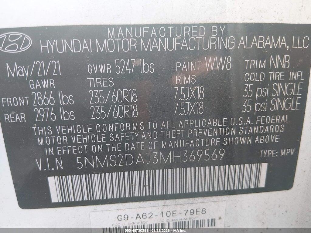 5NMS2DAJ3MH369569 2021 HYUNDAI SANTA FE photo no. 9