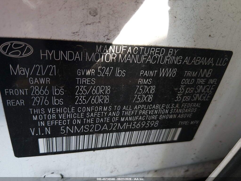 5NMS2DAJ2MH369398 2021 HYUNDAI SANTA FE photo no. 9