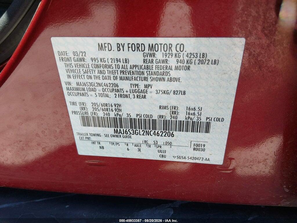 MAJ6S3GL2NC462206 2022 FORD ECOSPORT photo no. 9