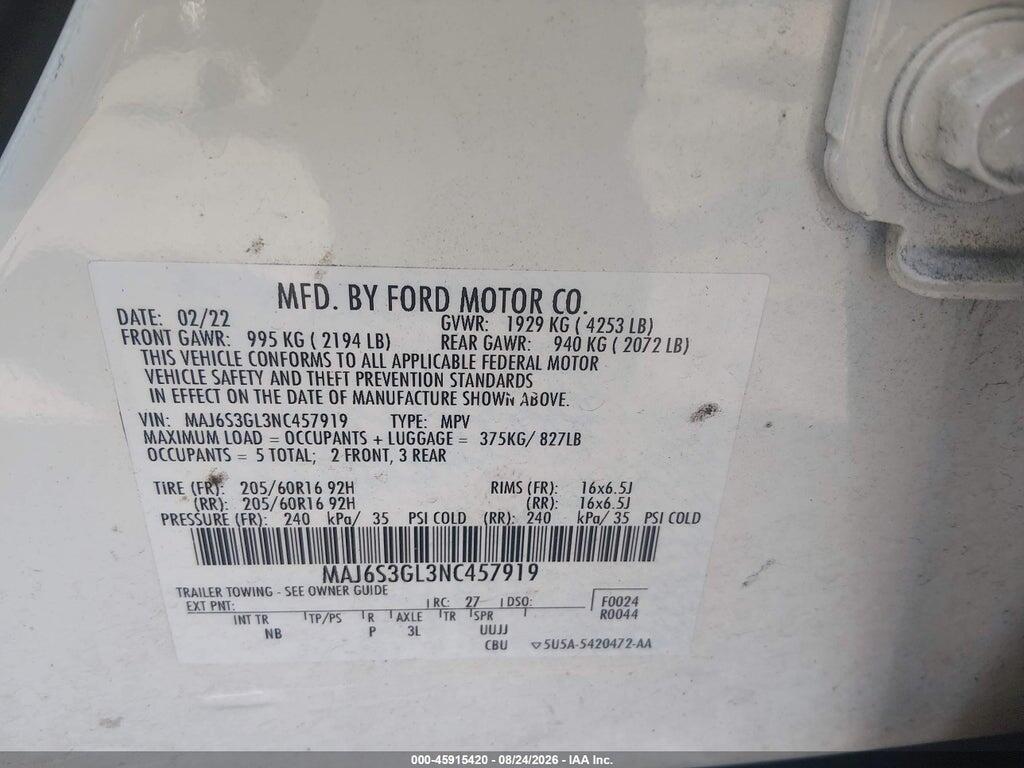 MAJ6S3GL3NC457919 2022 FORD ECOSPORT photo no. 9