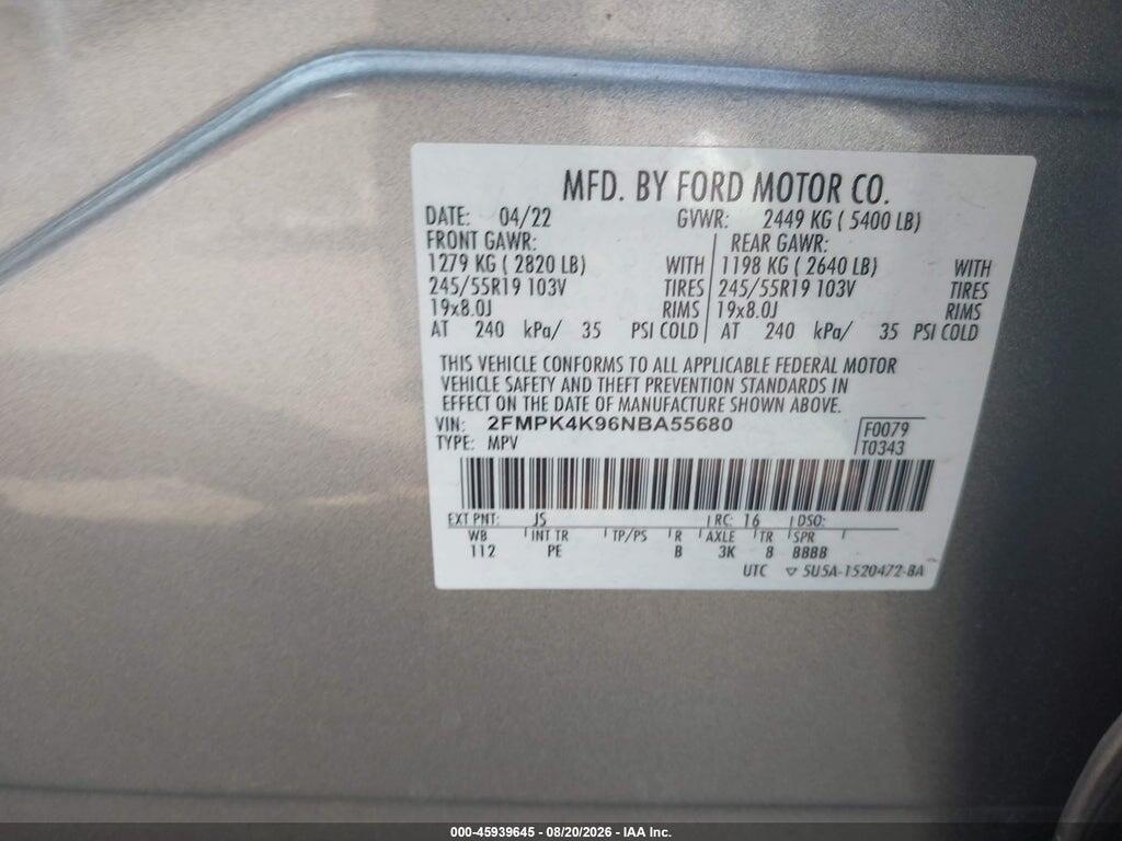 2FMPK4K96NBA55680 2022 FORD EDGE photo no. 9