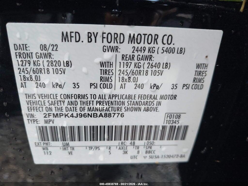 2FMPK4J96NBA88776 2022 FORD EDGE photo no. 9