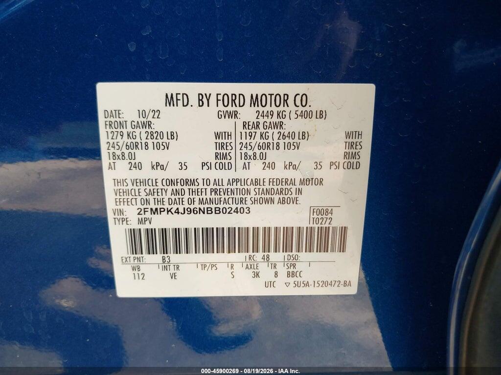 2FMPK4J96NBB02403 2022 FORD EDGE photo no. 9