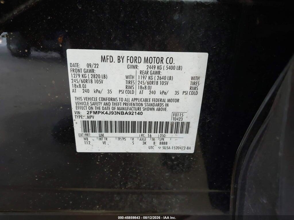 2FMPK4J93NBA92140 2022 FORD EDGE photo no. 9