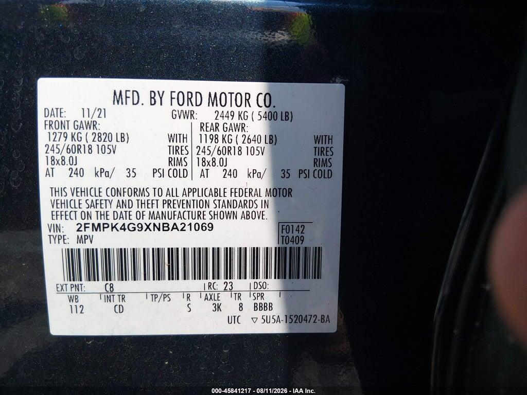 2FMPK4G9XNBA21069 2022 FORD EDGE photo no. 9