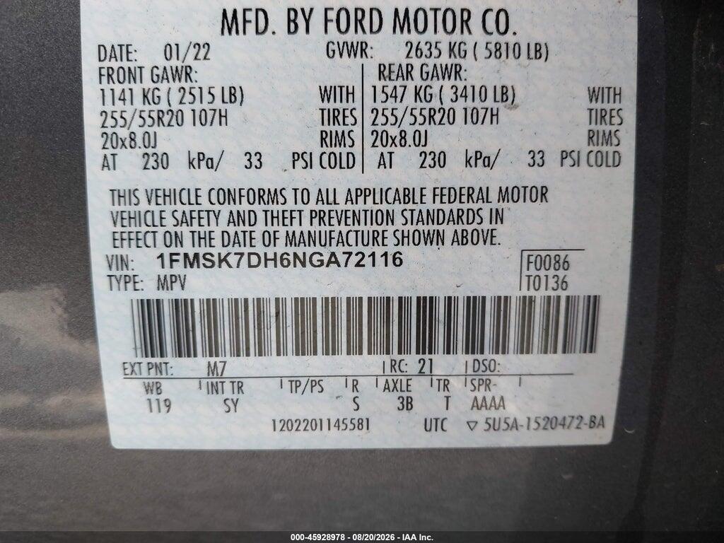 1FMSK7DH6NGA72116 2022 FORD EXPLORER photo no. 9