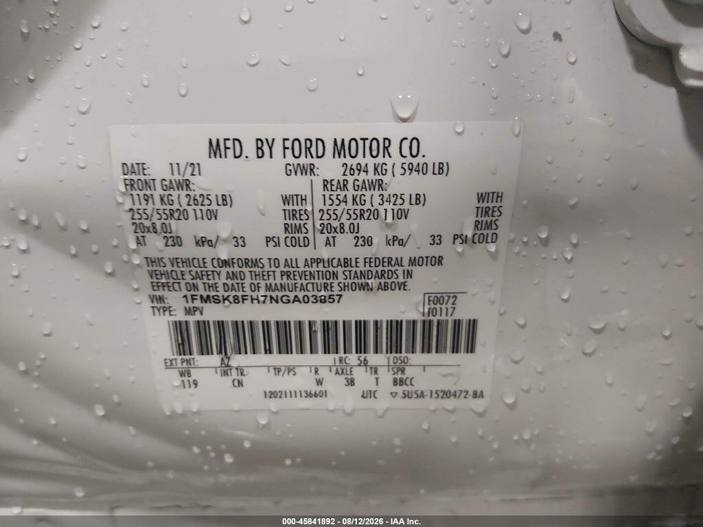 1FMSK8FH7NGA03857 2022 FORD EXPLORER photo no. 9