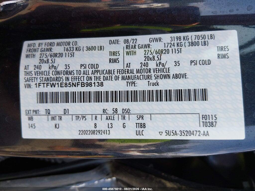 1FTFW1E85NFB98138 2022 FORD F-150 photo no. 9