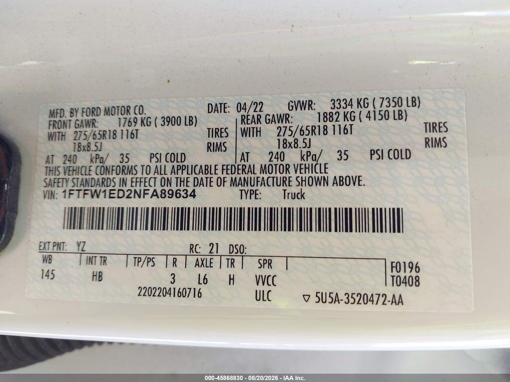 1FTFW1ED2NFA89634 2022 FORD F-150 photo no. 9