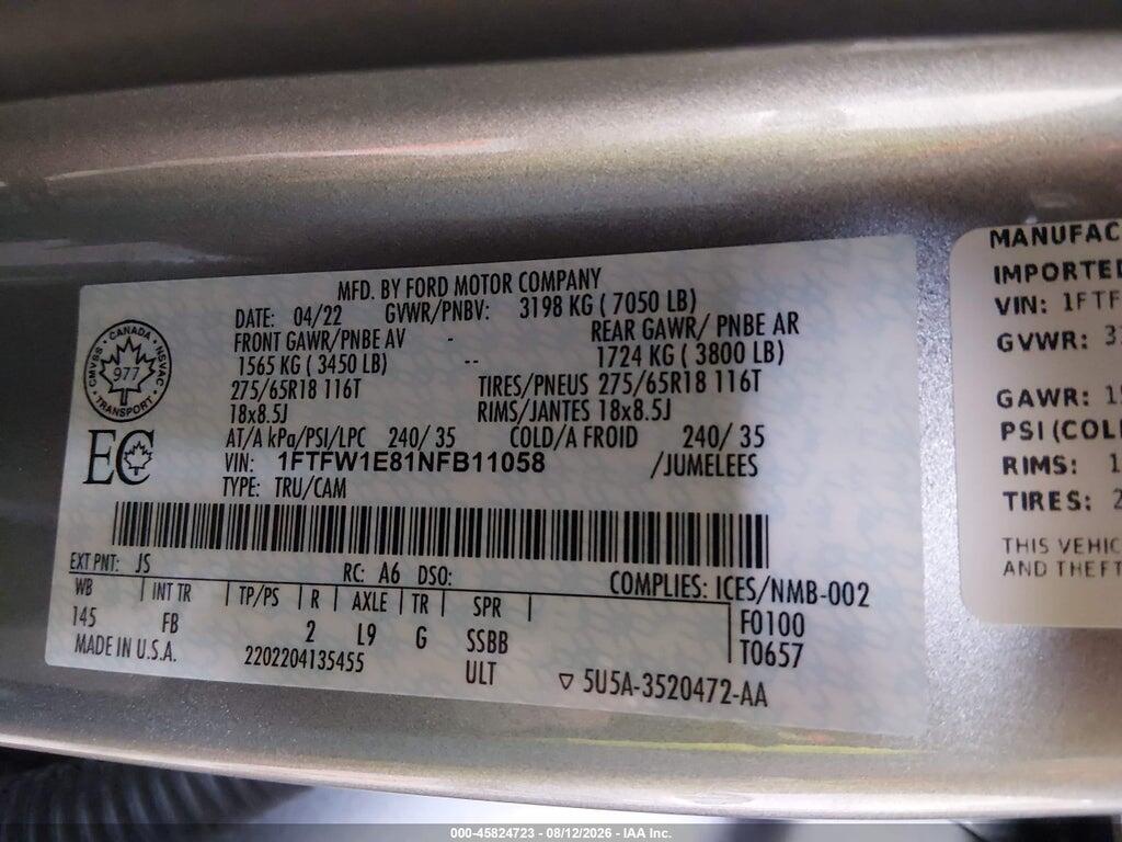 1FTFW1E81NFB11058 2022 FORD F-150 photo no. 9