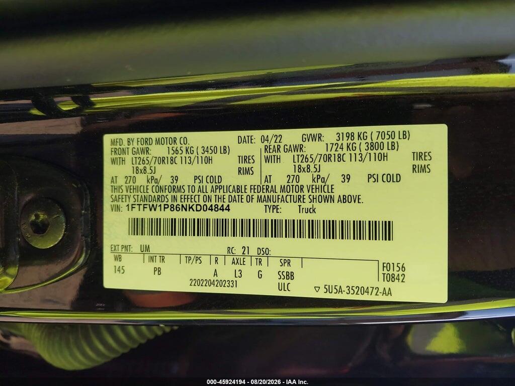 1FTFW1P86NKD04844 2022 FORD F-150 POLICE RESPONDER photo no. 9