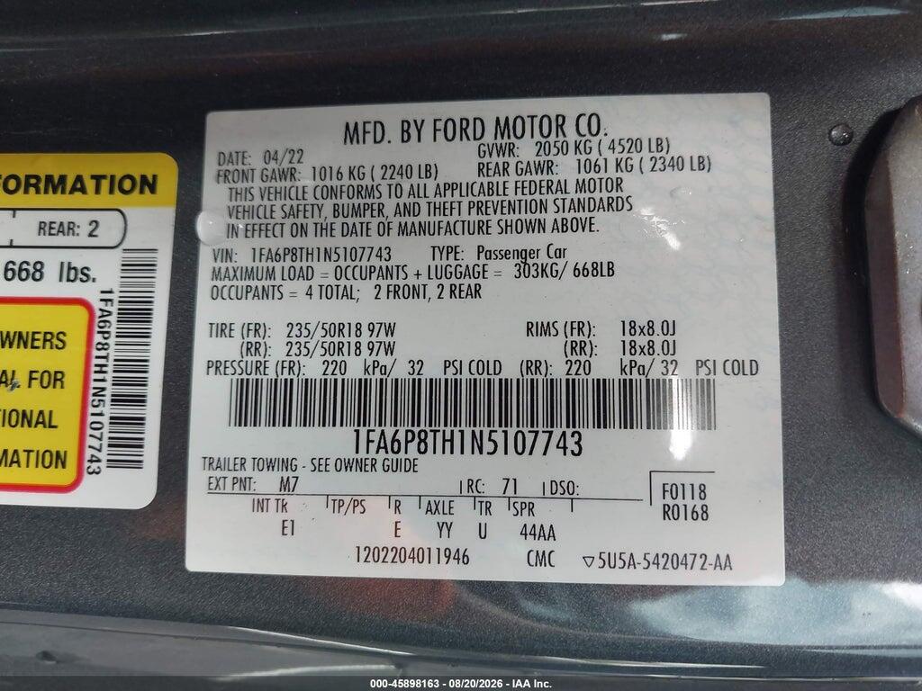 1FA6P8TH1N5107743 2022 FORD MUSTANG photo no. 9
