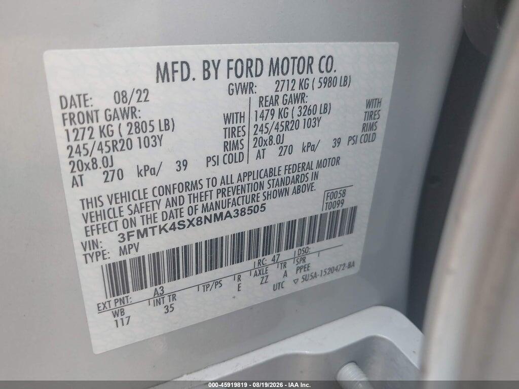 3FMTK4SX8NMA38505 2022 FORD MUSTANG MACH-E photo no. 9