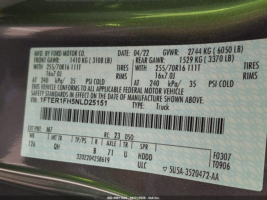 1FTER1FH5NLD25151 2022 FORD RANGER photo no. 9