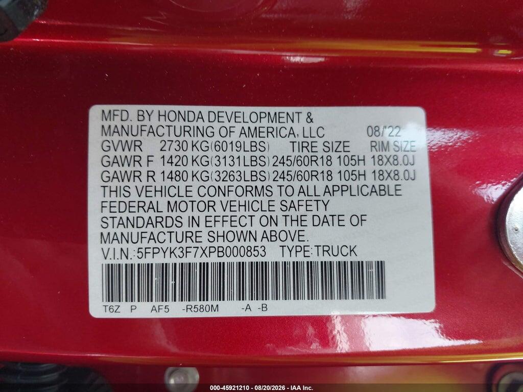 5FPYK3F7XPB000853 2023 HONDA RIDGELINE photo no. 9