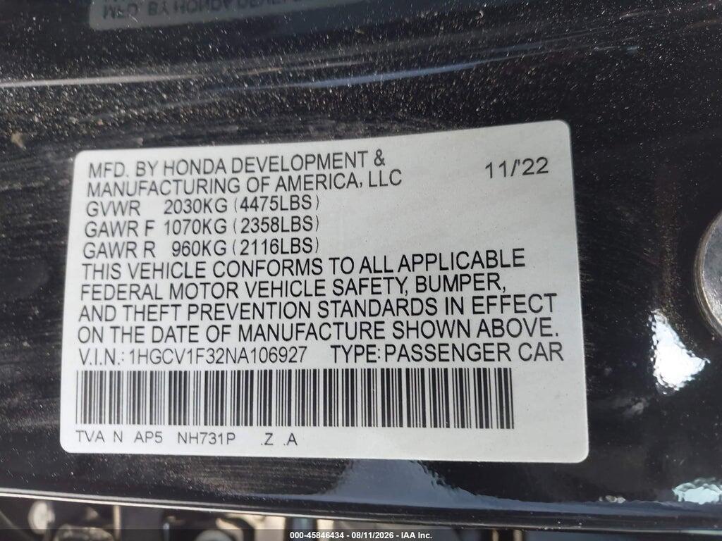 1HGCV1F32NA106927 2022 HONDA ACCORD photo no. 9