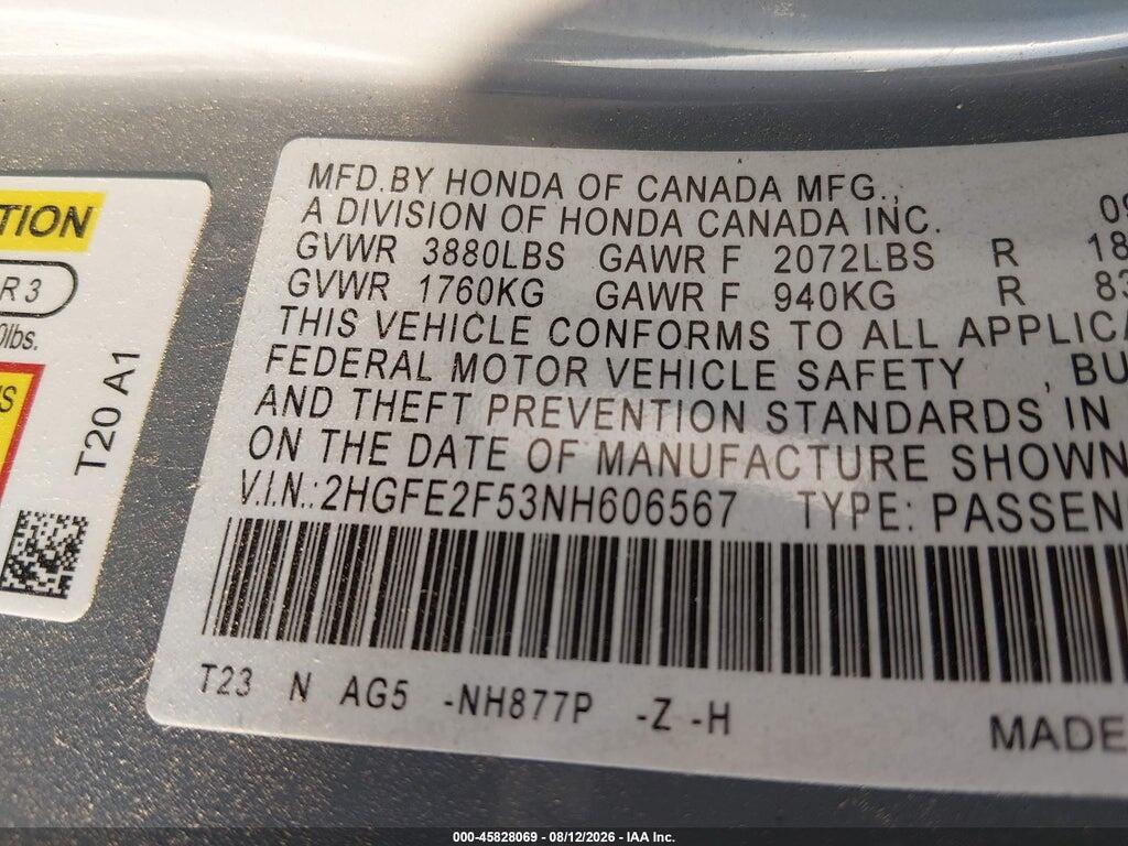 2HGFE2F53NH606567 2022 HONDA CIVIC photo no. 9