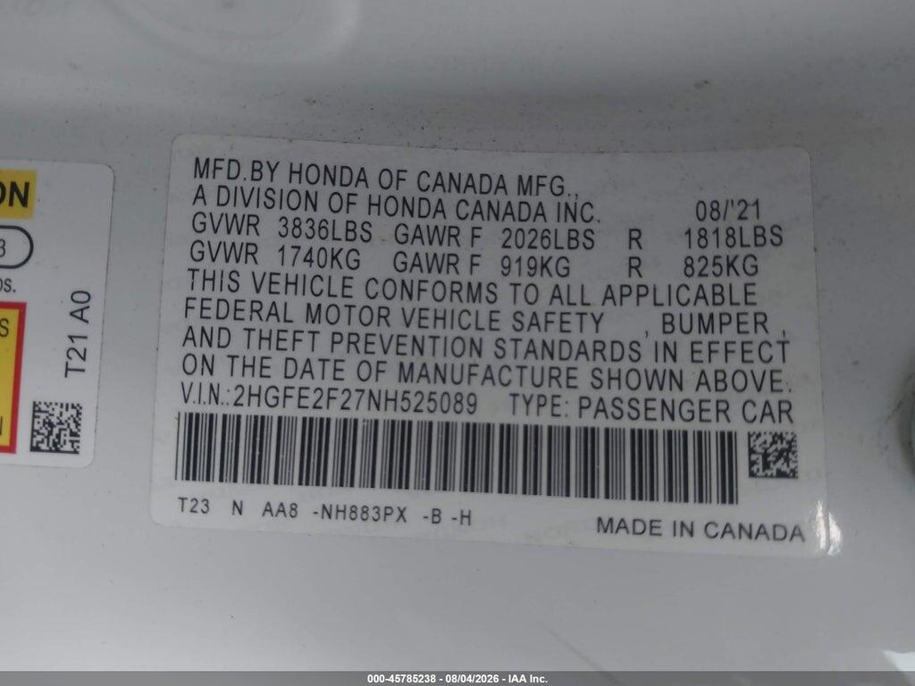 2HGFE2F27NH525089 2022 HONDA CIVIC photo no. 9