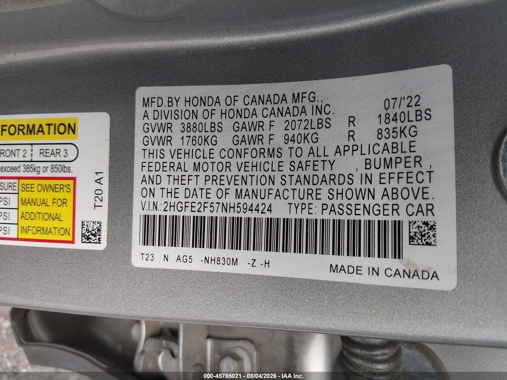 2HGFE2F57NH594424 2022 HONDA CIVIC photo no. 9