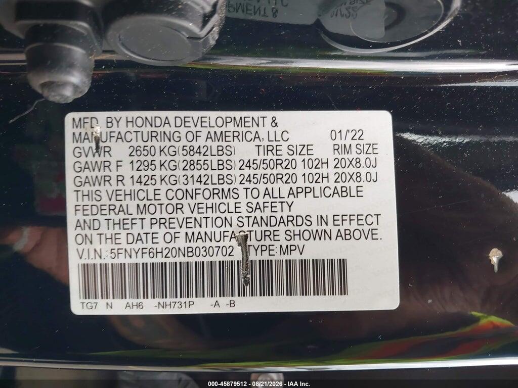 5FNYF6H20NB030702 2022 HONDA PILOT photo no. 9