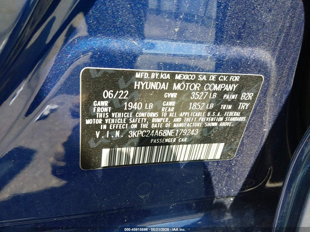 3KPC24A68NE179243 2022 HYUNDAI ACCENT photo no. 9