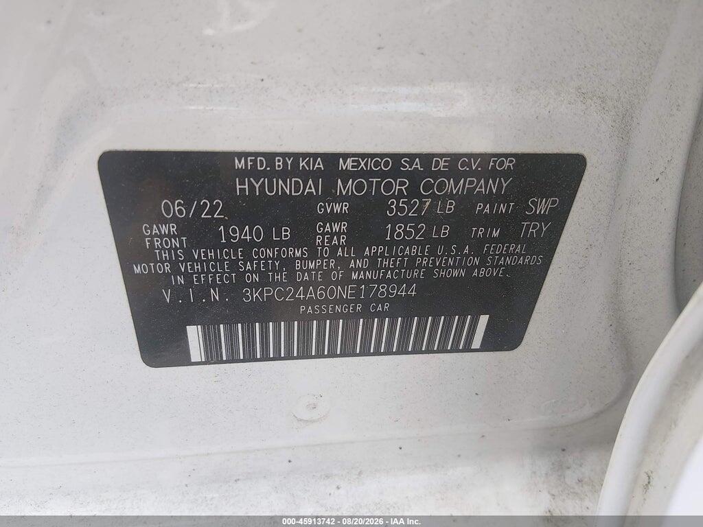 3KPC24A60NE178944 2022 HYUNDAI ACCENT photo no. 9