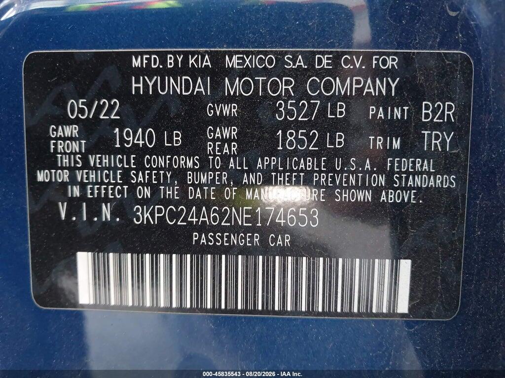 3KPC24A62NE174653 2022 HYUNDAI ACCENT photo no. 9