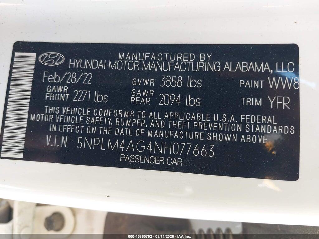 5NPLM4AG4NH077663 2022 HYUNDAI ELANTRA photo no. 9