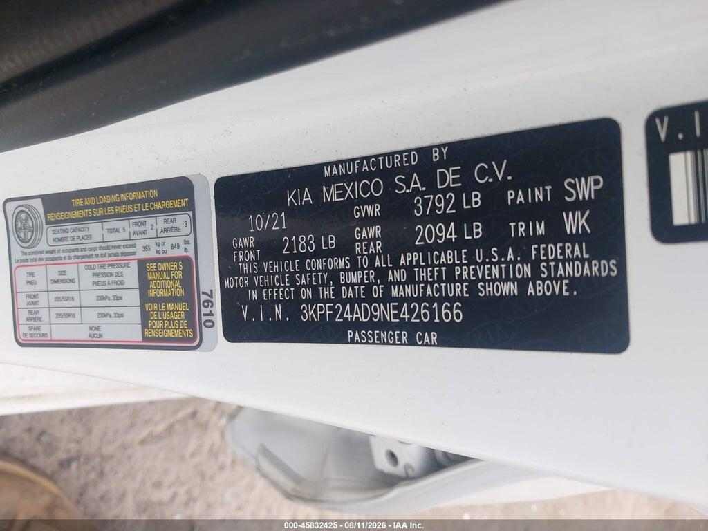 3KPF24AD9NE426166 2022 KIA FORTE photo no. 9