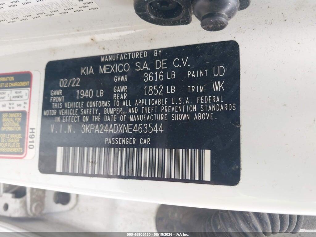 3KPA24ADXNE463544 2022 KIA RIO photo no. 9