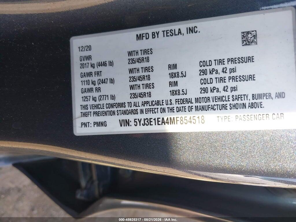 5YJ3E1EA4MF854518 2021 TESLA MODEL 3 photo no. 9
