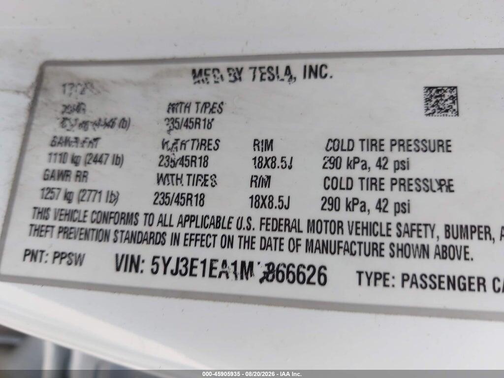 5YJ3E1EA1MF866626 2021 TESLA MODEL 3 photo no. 9