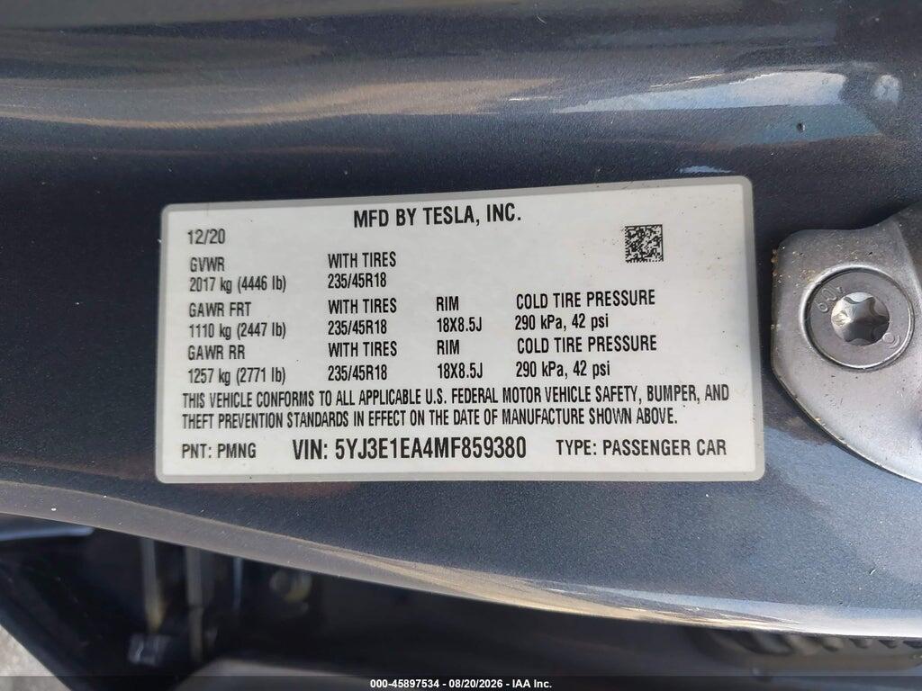 5YJ3E1EA4MF859380 2021 TESLA MODEL 3 photo no. 9