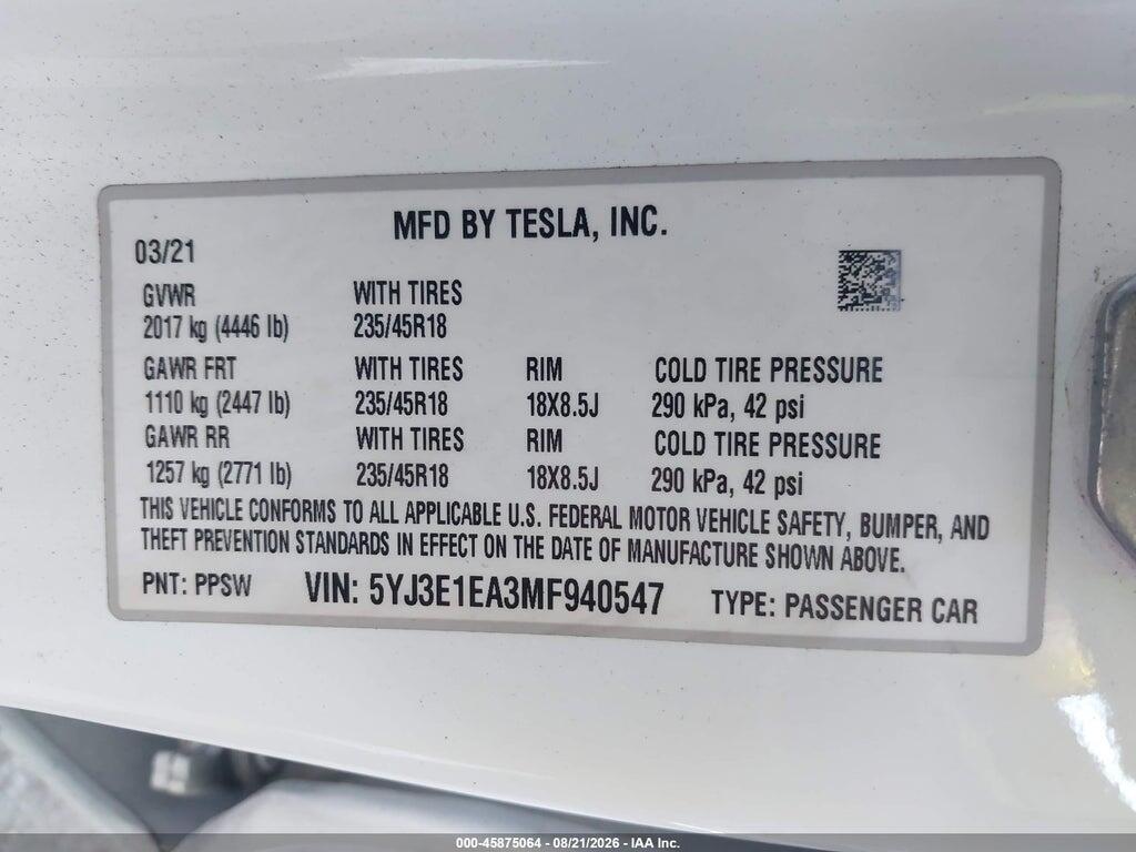 5YJ3E1EA3MF940547 2021 TESLA MODEL 3 photo no. 9