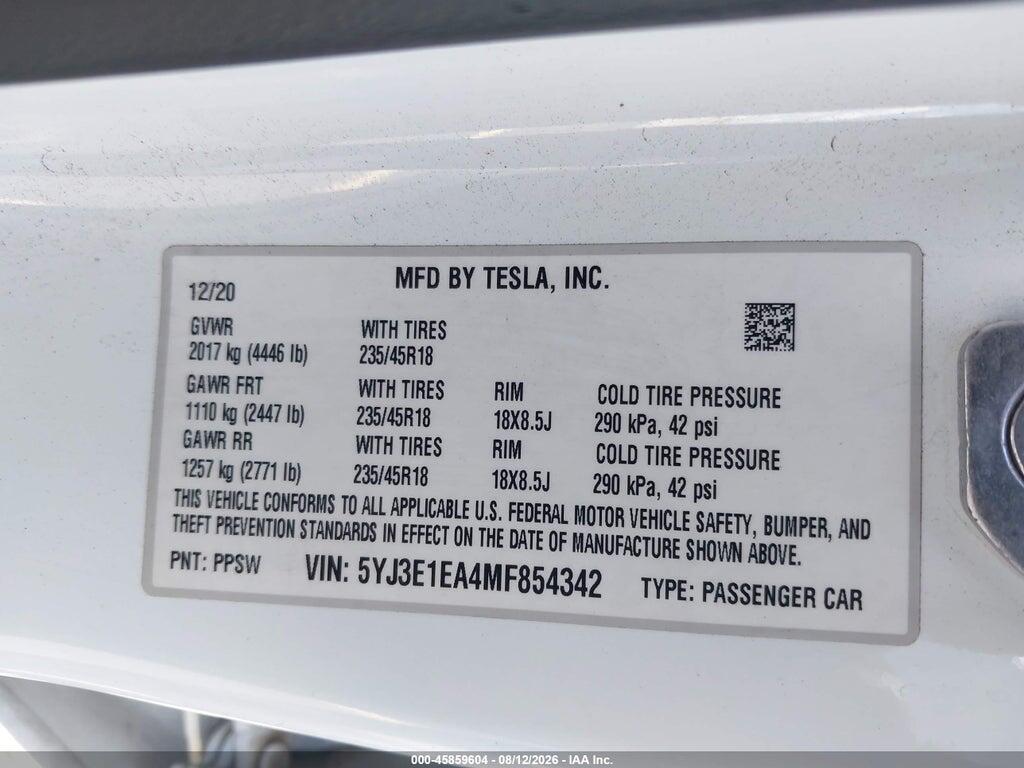 5YJ3E1EA4MF854342 2021 TESLA MODEL 3 photo no. 9