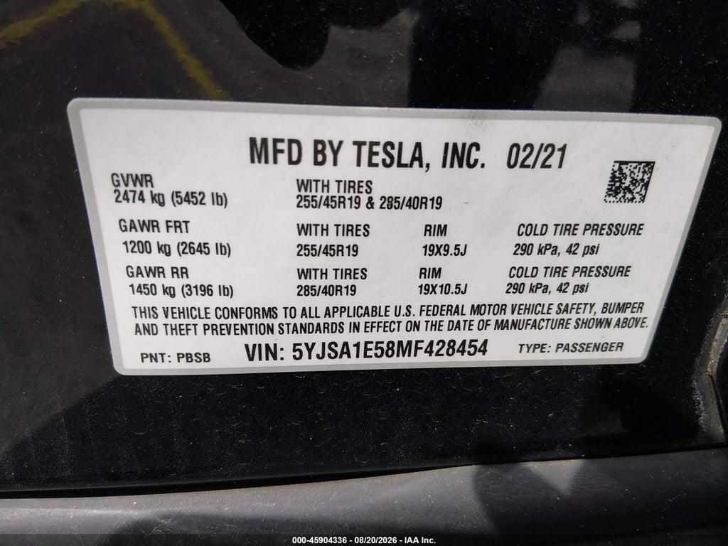 5YJSA1E58MF428454 2021 TESLA MODEL S photo no. 9
