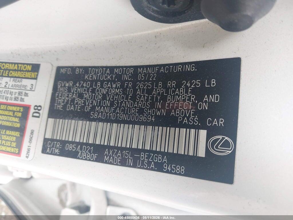 58AD11D19NU009694 2022 LEXUS ES 250 photo no. 9