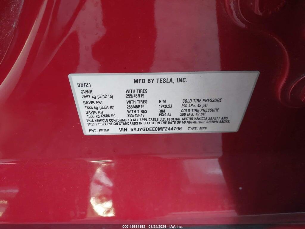 5YJYGDEE0MF244796 2021 TESLA MODEL Y photo no. 9